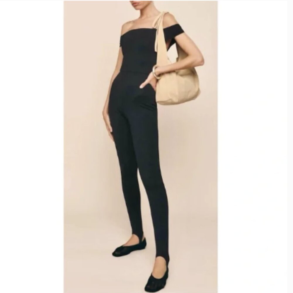 Reformation Black Off-Shoulder Slim Jumpsuit